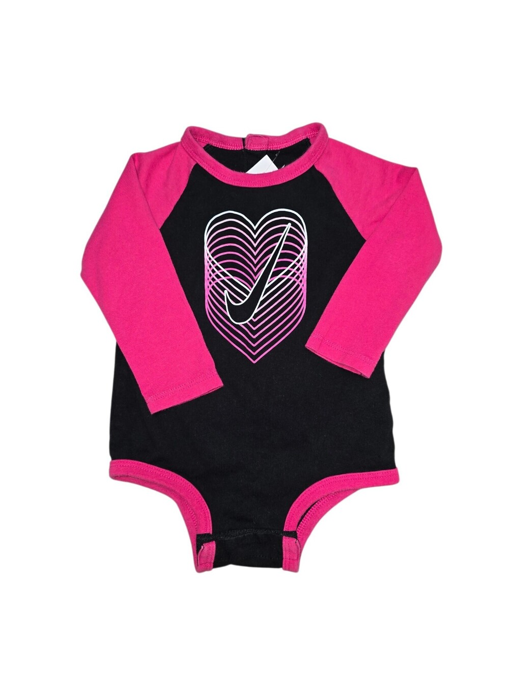 Nike Baby Girl Bodysuit 9M Black Hot Pink Long Sleeve Swoosh Logo Snap Euc